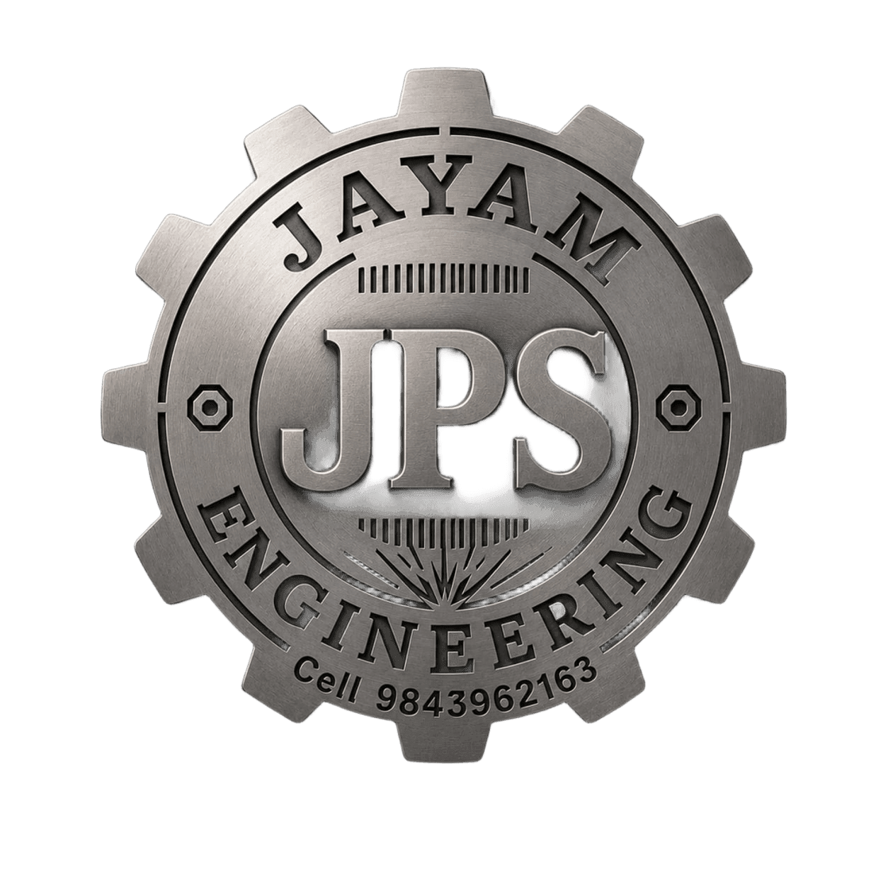JAYAM TECH ENGINEERING logo — brushed steel gear badge with JPS wordmark